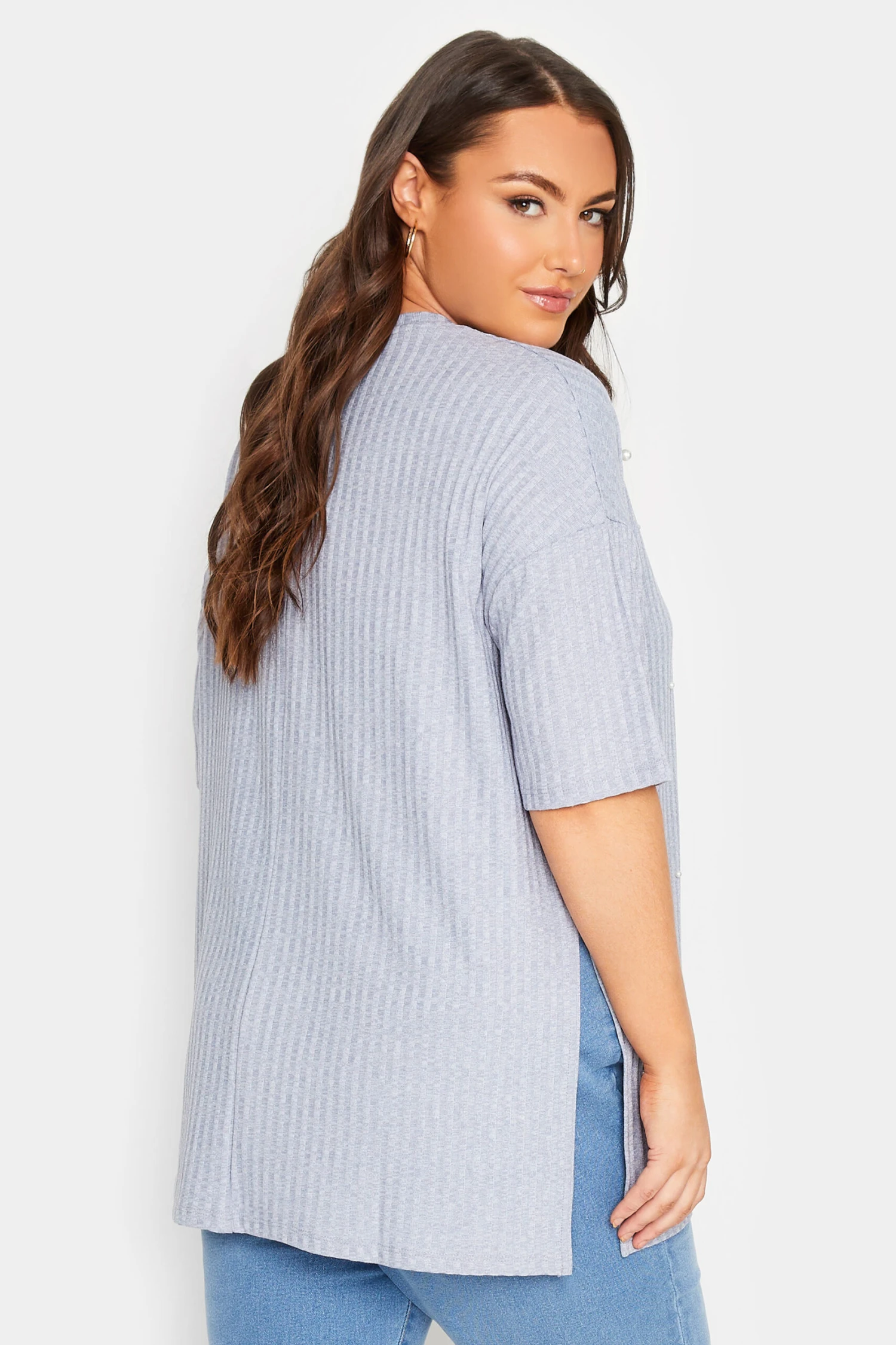 YOURS Curve Blue Pearl Embellished Split Hem T-Shirt 4 YOURS Curve Blue Pearl Embellished Split Hem T-Shirt - Image 2