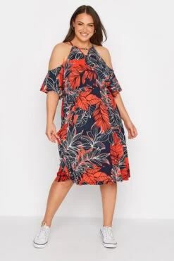 YOURS Curve Navy Blue Leaf Print Cold Shoulder Dress