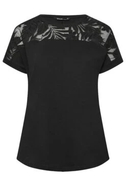 YOURS Curve Black Floral Mesh Panel T-Shirt -Plus Size Apparel Shop 6d4c17df 6fb5 42 320827 X