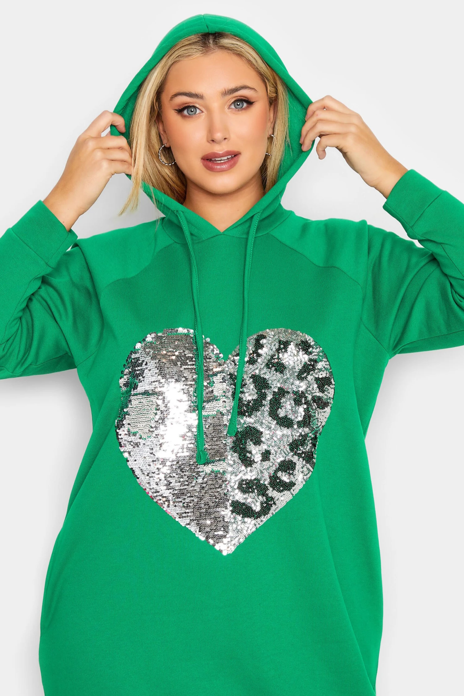 YOURS Curve Green Heart Sequin Embellished Hoodie Dress 5 YOURS Curve Green Heart Sequin Embellished Hoodie Dress - Image 3