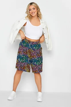 YOURS Curve Black Rainbow Leopard Print Shorts