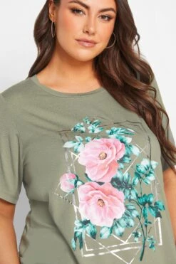 YOURS Curve Khaki Green Floral Foil Print T-Shirt -Plus Size Apparel Shop 70fea893 acfb 4b 302182 D