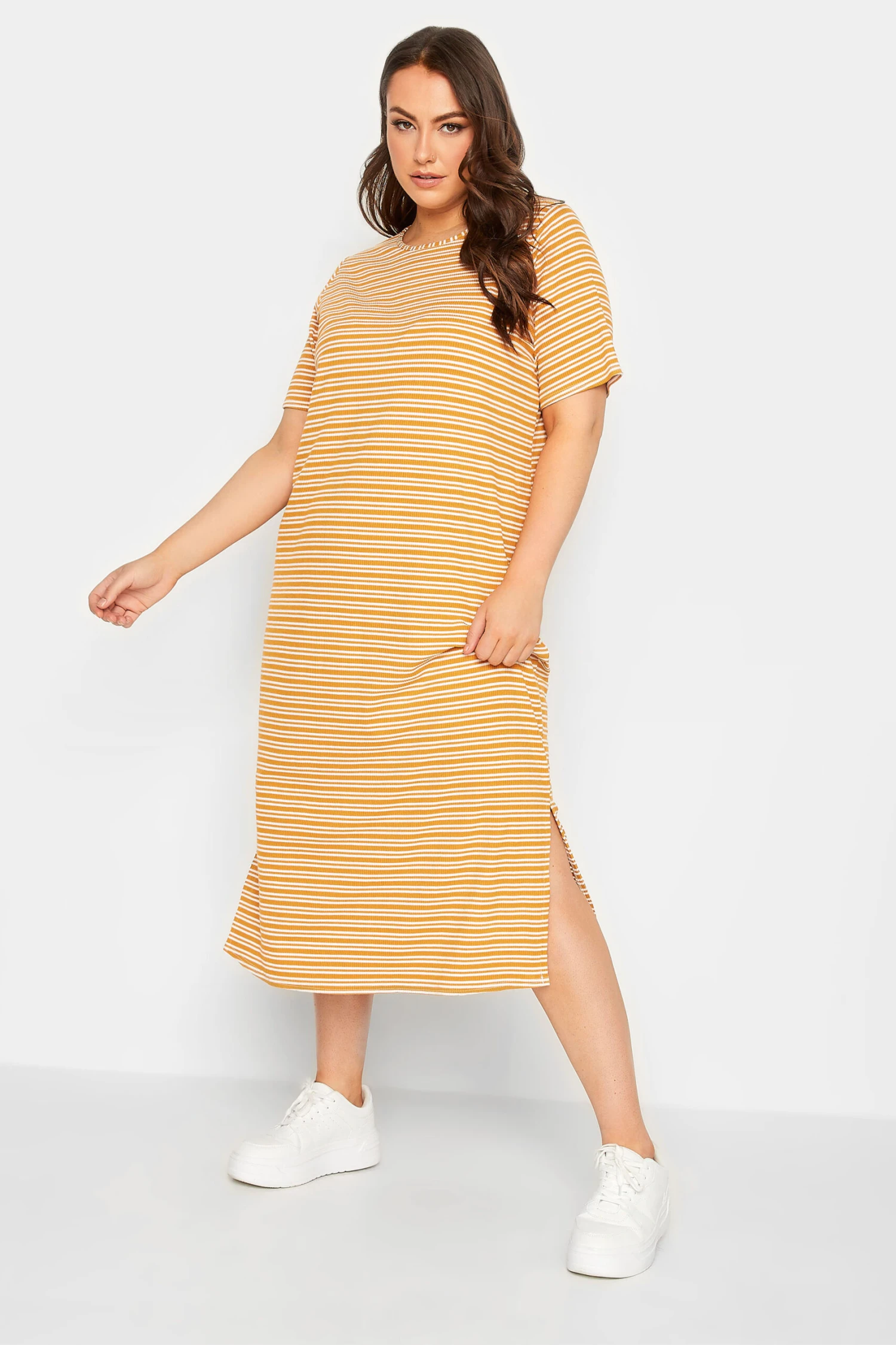 YOURS Curve Orange Stripe Print Maxi T-Shirt Dress 3 YOURS Curve Orange Stripe Print Maxi T-Shirt Dress
