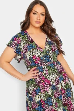 YOURS Curve Black & Green Ditsy Print Frill Sleeve Wrap Maxi Dress -Plus Size Apparel Shop 774083c8 69e1 49 301889 D