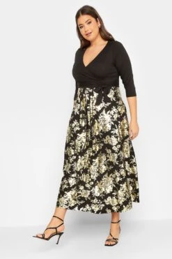YOURS LUXURY Curve Black Foil Floral Print Wrap Dress