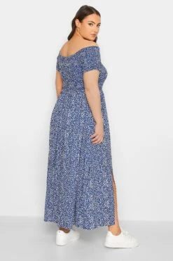 YOURS Curve Cobalt Blue Ditsy Print Shirred Bardot Maxi Dress -Plus Size Apparel Shop 7ae58841 0ce2 4e 137288 C