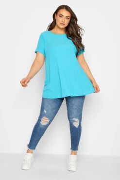 YOURS Curve Aqua Blue Ribbed T-Shirt