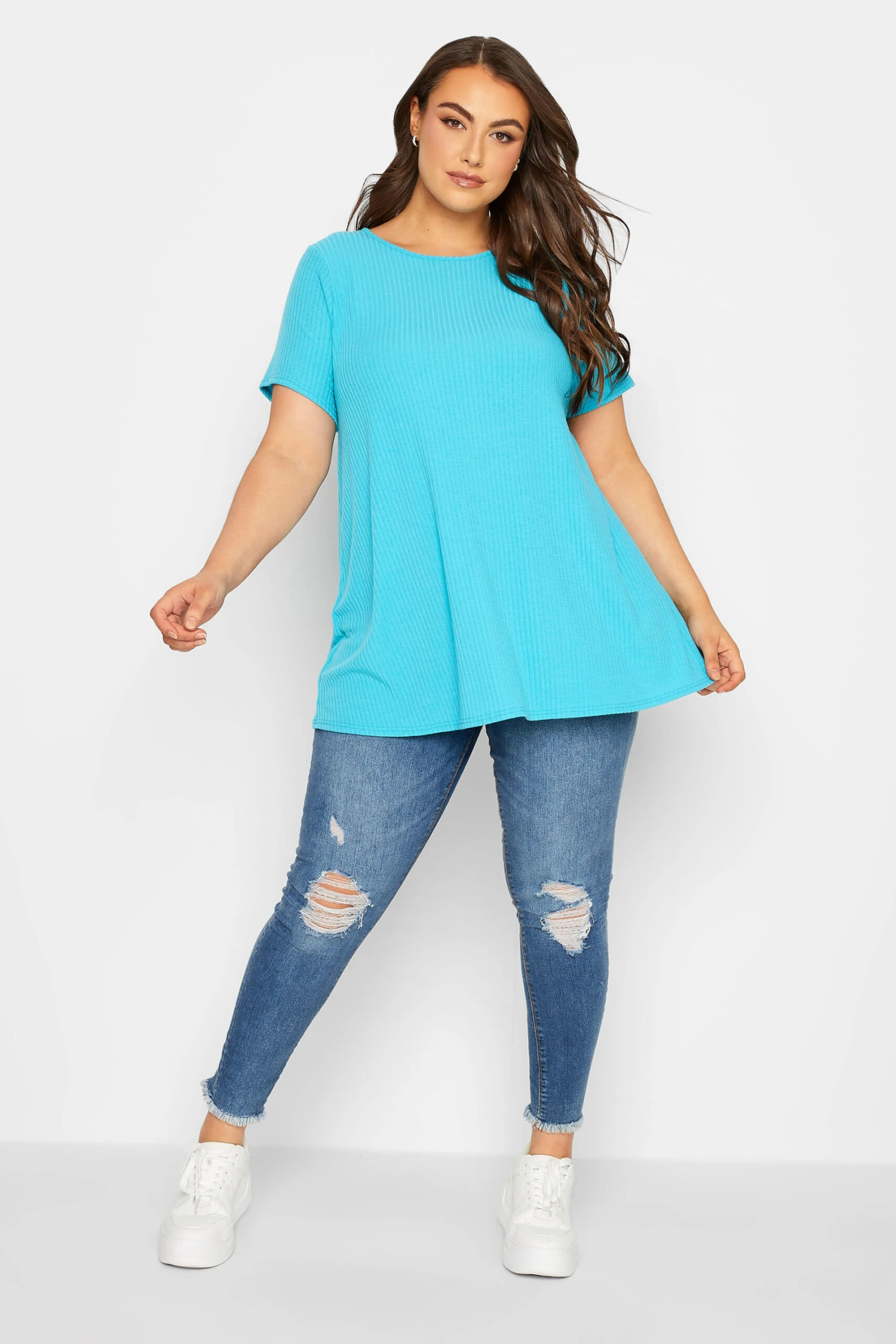 YOURS Curve Aqua Blue Ribbed T-Shirt 3 YOURS Curve Aqua Blue Ribbed T-Shirt
