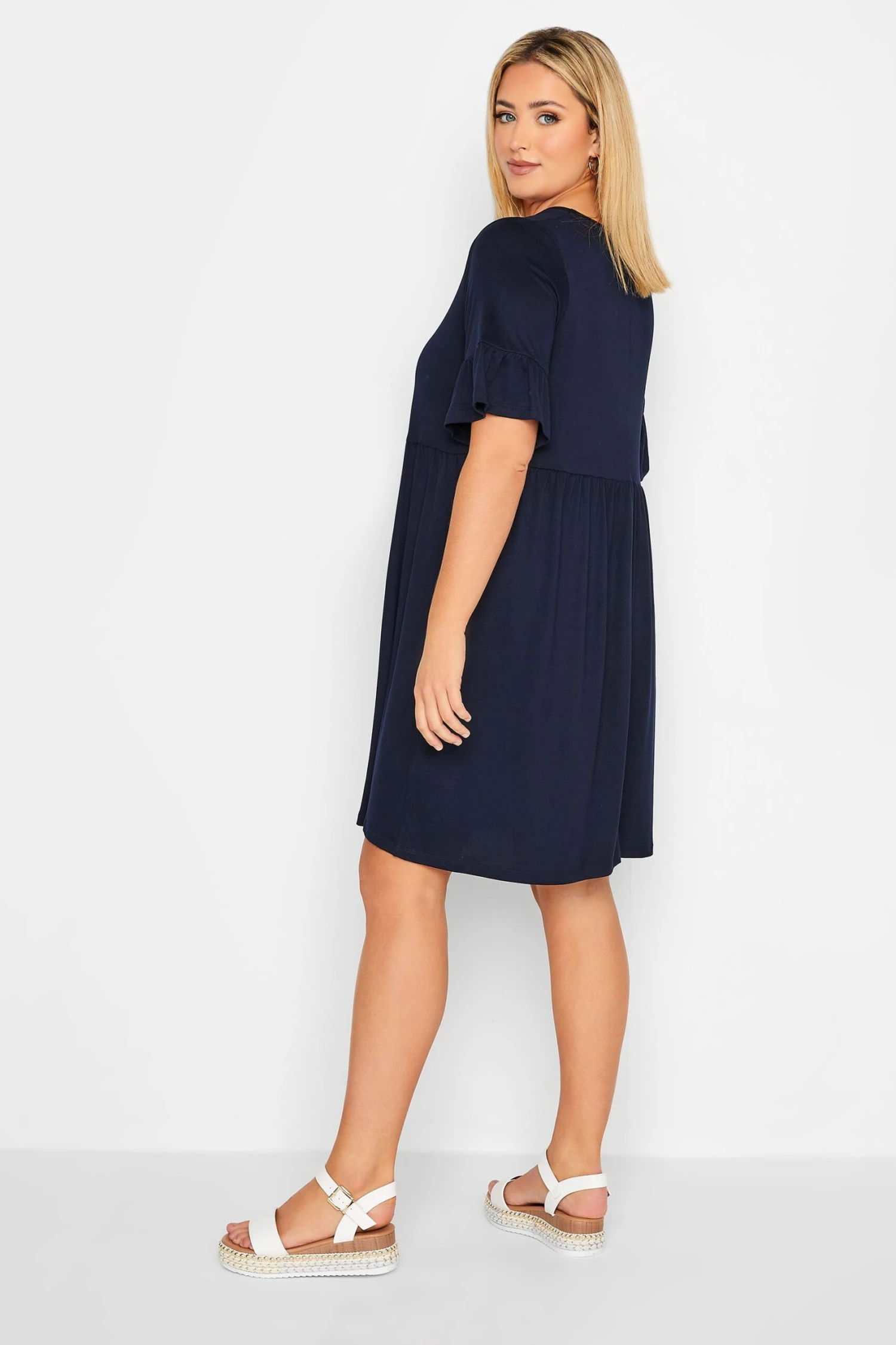 YOURS Curve Navy Blue Frill Sleeve Smock Dress 4 YOURS Curve Navy Blue Frill Sleeve Smock Dress - Image 2