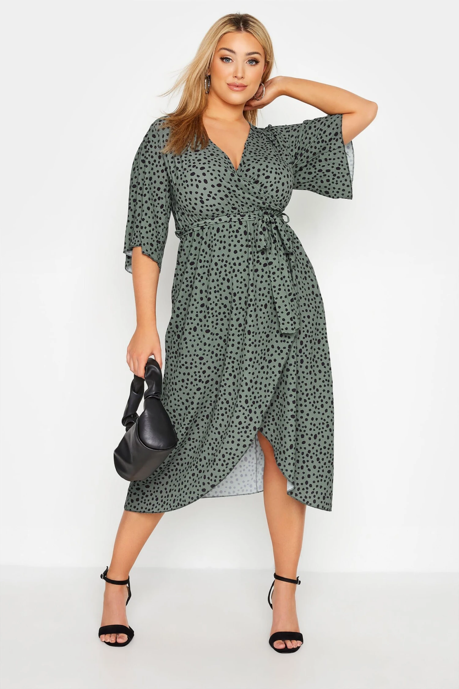 YOURS LONDON Curve Green Dalmatian Print Midi Wrap Dress 4 YOURS LONDON Curve Green Dalmatian Print Midi Wrap Dress - Image 2