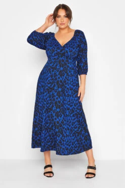 LIMITED COLLECTION Curve Navy Blue Leopard Print Wrap Milkmaid Dress