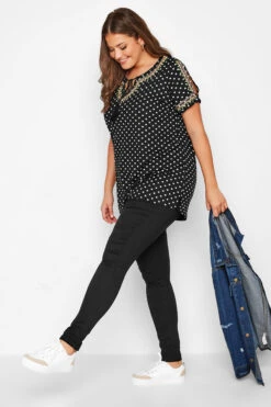 YOURS Curve Black Spot Print Embroidered Tie Neck Top