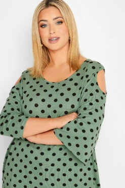 YOURS Curve Green Spot Print Cold Shoulder Top -Plus Size Apparel Shop 82902a40 caad 45 300406 D