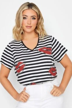 YOURS Curve Black Stripe Lips Printed T-Shirt -Plus Size Apparel Shop 84a6f54c daff 42 302167 D