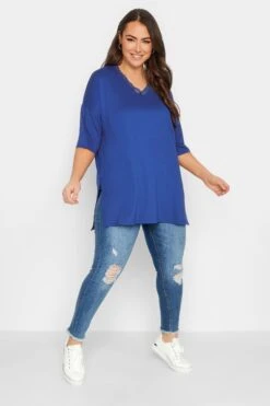 YOURS Curve Cobalt Blue Lace Neck T-Shirt