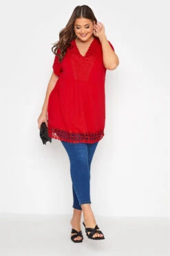 YOURS Curve Red Crochet Detail Peplum Tunic