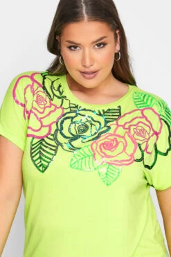 YOURS Curve Lime Green Floral Embellished Sequin T-Shirt 10 YOURS Curve Lime Green Floral Embellished Sequin T-Shirt -Plus Size Apparel Shop 86ca3ad8 fbbb 4c 300590 D