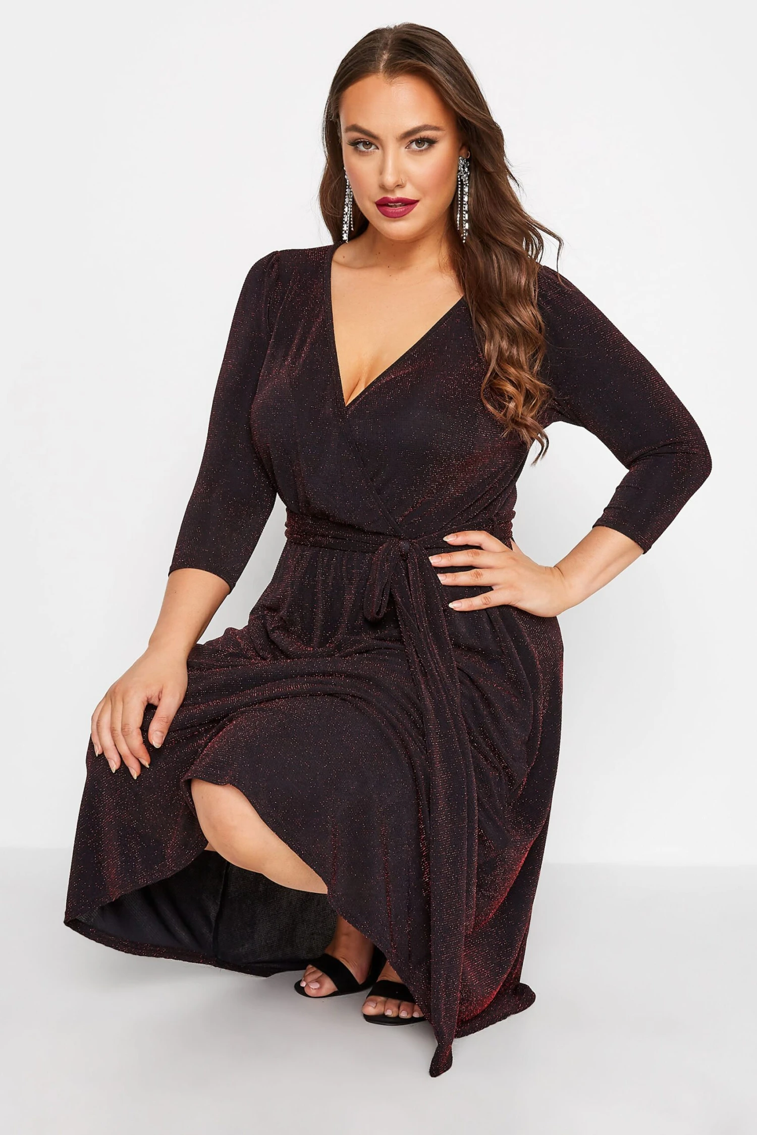 YOURS LONDON Curve Red Glitter Wrap Dress 5 YOURS LONDON Curve Red Glitter Wrap Dress - Image 3