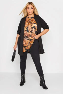 YOURS Curve Orange & Black Leaf Print T-Shirt