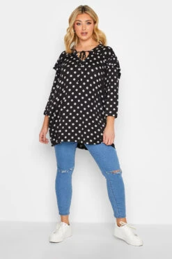 YOURS Curve Black Spot Print Tie Neck Top