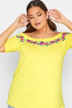 YOURS Curve Yellow Embroidered Bardot Top -Plus Size Apparel Shop 8a9b2c8e cd97 44 300507 D