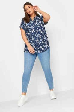 YOURS Curve Navy Blue Floral V-Neck Shirt