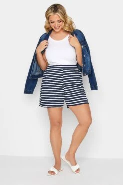YOURS PETITE Curve Navy Blue Stripe Print Shorts
