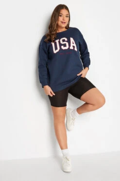 YOURS Curve Navy Blue 'USA' Embroidered Slogan Sweatshirt