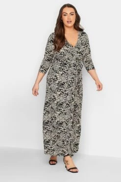 YOURS Curve Black & Beige Brown Abstract Floral V-Neck Maxi Dress