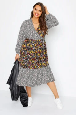LIMITED COLLECTION Curve Black Contrast Dalmatian Floral Wrap Dress