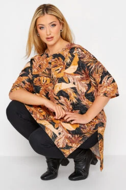 YOURS Curve Orange & Black Leaf Print T-Shirt -Plus Size Apparel Shop 92b2195e 5ce6 4b 301193 D