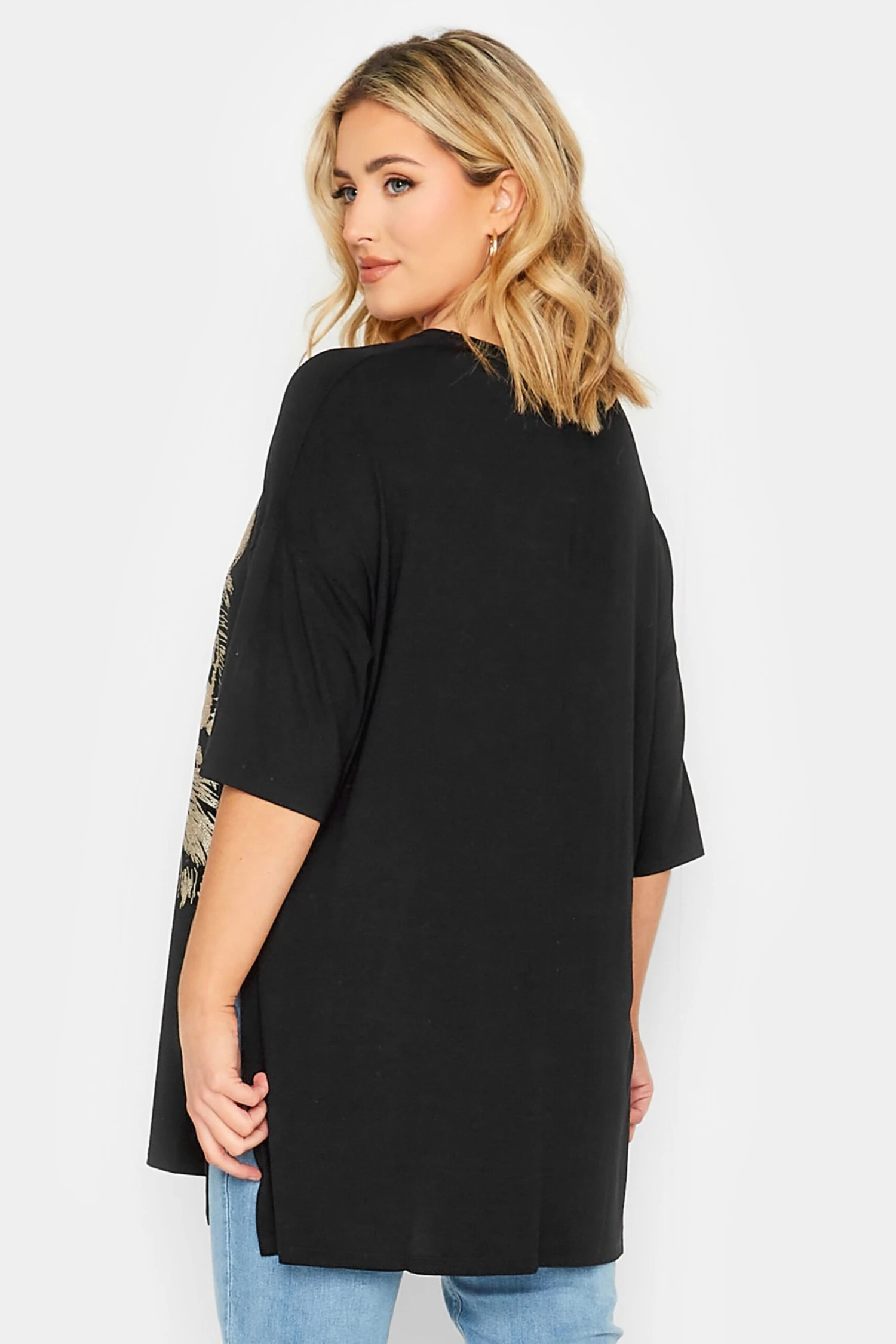 YOURS Curve Black & Gold Glitter Tiger Print Split Hem T-Shirt 4 YOURS Curve Black & Gold Glitter Tiger Print Split Hem T-Shirt - Image 2