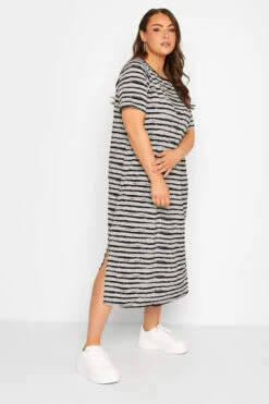 YOURS Curve Grey Stripe Print Maxi T-Shirt Dress