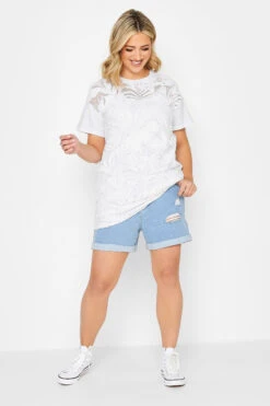 YOURS Curve White Floral Mesh Front T-Shirt