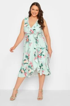 YOURS LONDON Curve Green Floral Print Double Ruffle Wrap Dress