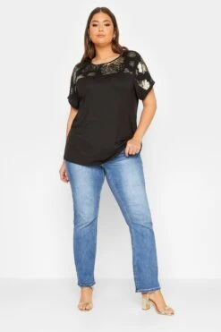 YOURS LUXURY Curve Silver Floral Foil Print Panel Top