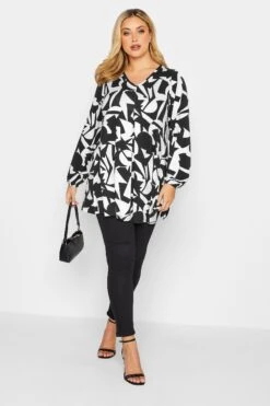YOURS Curve Black & White Geometric Print Swing Top
