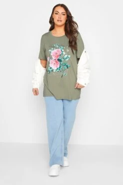 YOURS Curve Khaki Green Floral Foil Print T-Shirt