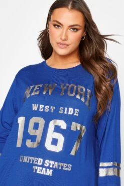 YOURS Curve Cobalt Blue Metallic Varsity T-Shirt -Plus Size Apparel Shop aaef2a83 901f 4a 301397 D