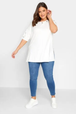 YOURS Curve White Eyelet Detail Oversized T-Shirt