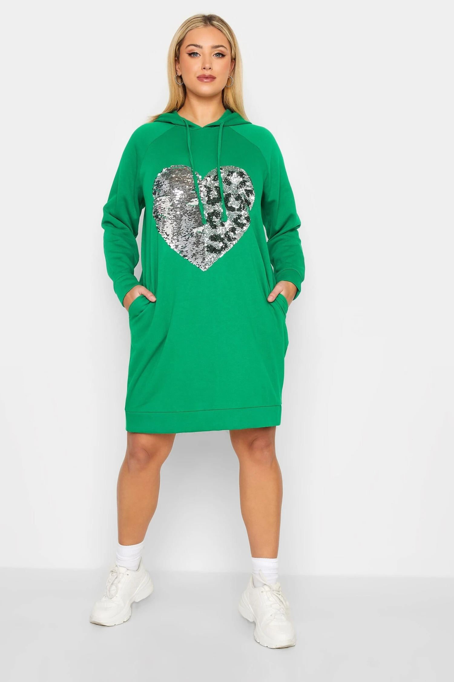 YOURS Curve Green Heart Sequin Embellished Hoodie Dress 3 YOURS Curve Green Heart Sequin Embellished Hoodie Dress
