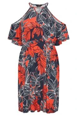 YOURS Curve Navy Blue Leaf Print Cold Shoulder Dress -Plus Size Apparel Shop b177a568 ddfe 4a 300799 X