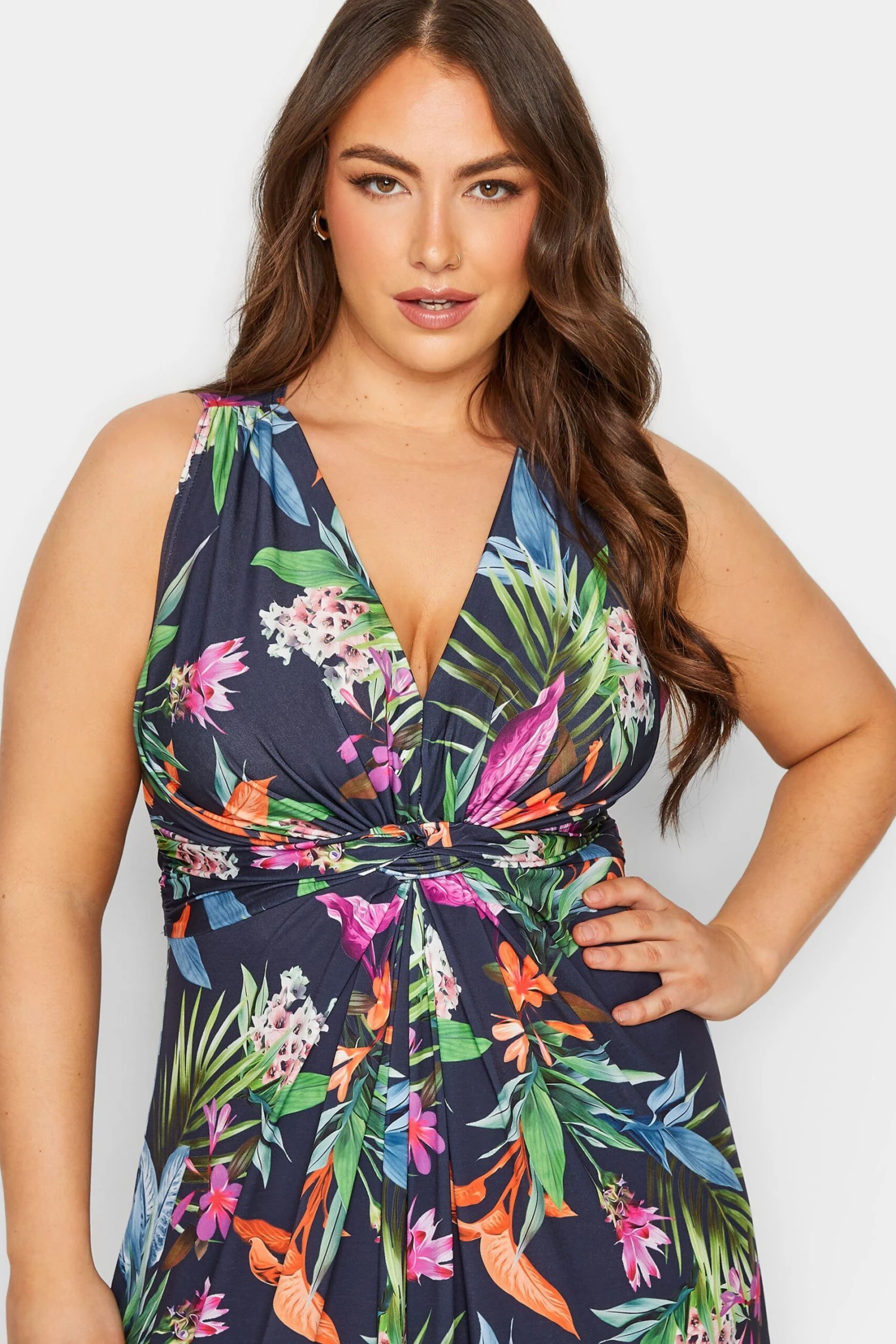 YOURS LONDON Curve Navy Blue Tropical Print Knot Front Maxi Dress 5 YOURS LONDON Curve Navy Blue Tropical Print Knot Front Maxi Dress - Image 3