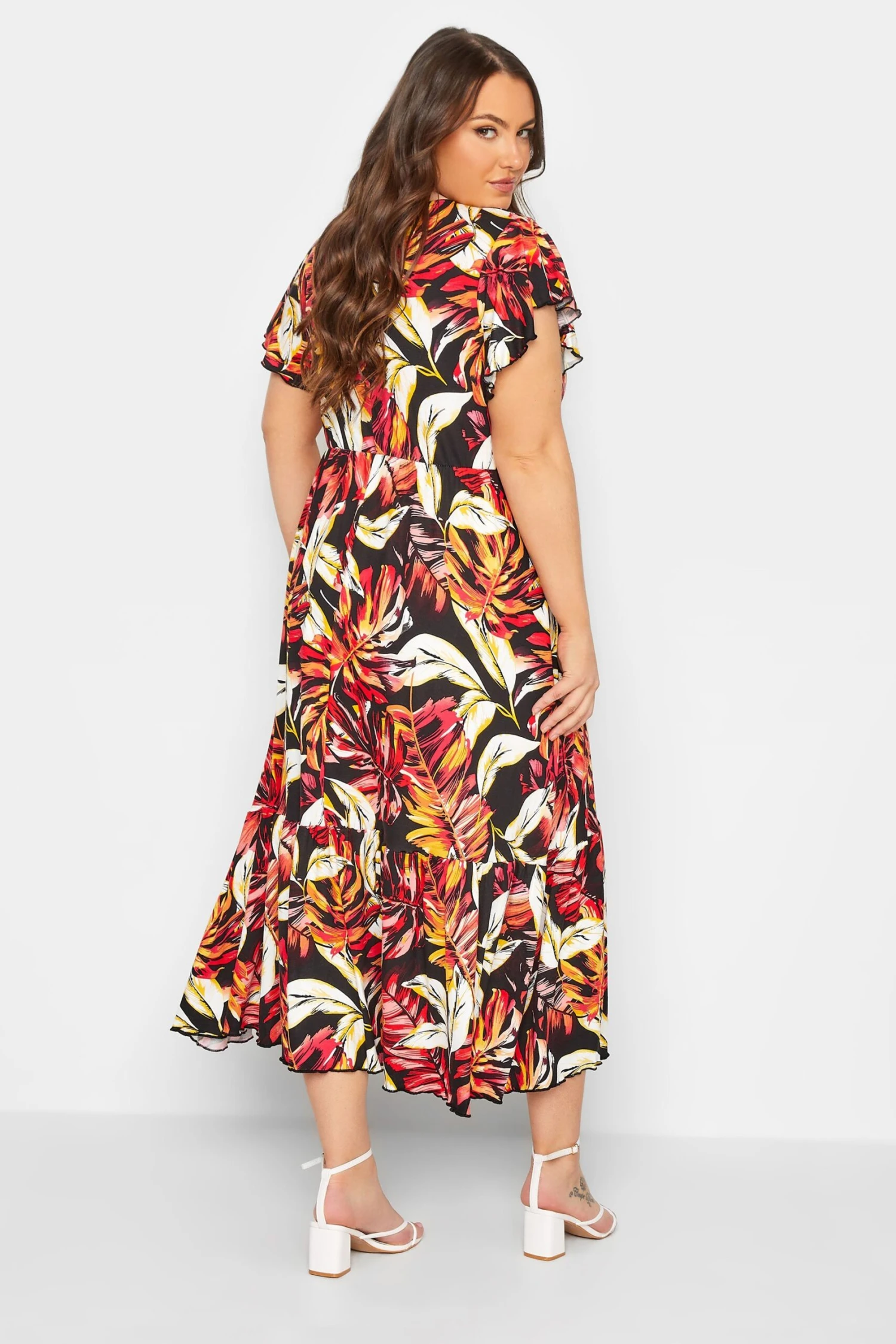 YOURS Curve Black & Orange Leaf Print Frill Sleeve Wrap Maxi Dress 4 YOURS Curve Black & Orange Leaf Print Frill Sleeve Wrap Maxi Dress - Image 2