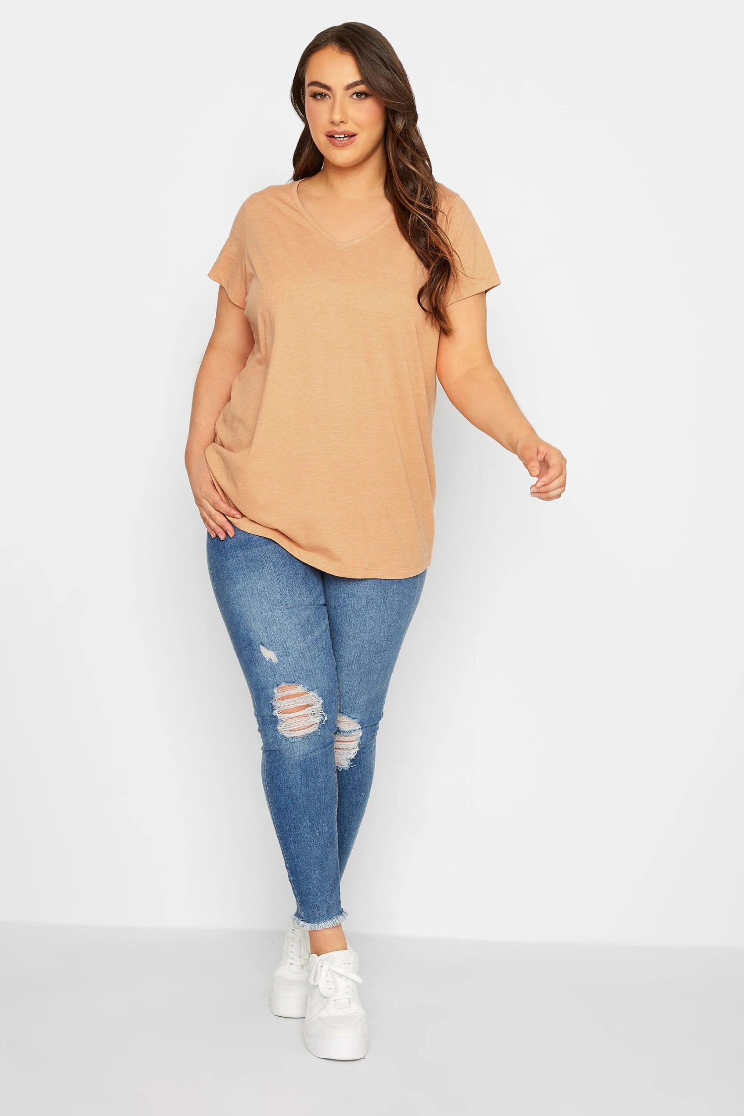 YOURS Curve Orange Marl Essential V-Neck T-Shirt 3 YOURS Curve Orange Marl Essential V-Neck T-Shirt