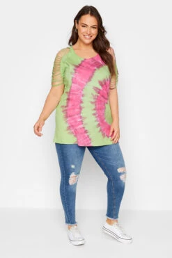YOURS Curve Green Tie Dye Shredded Shoulder Top