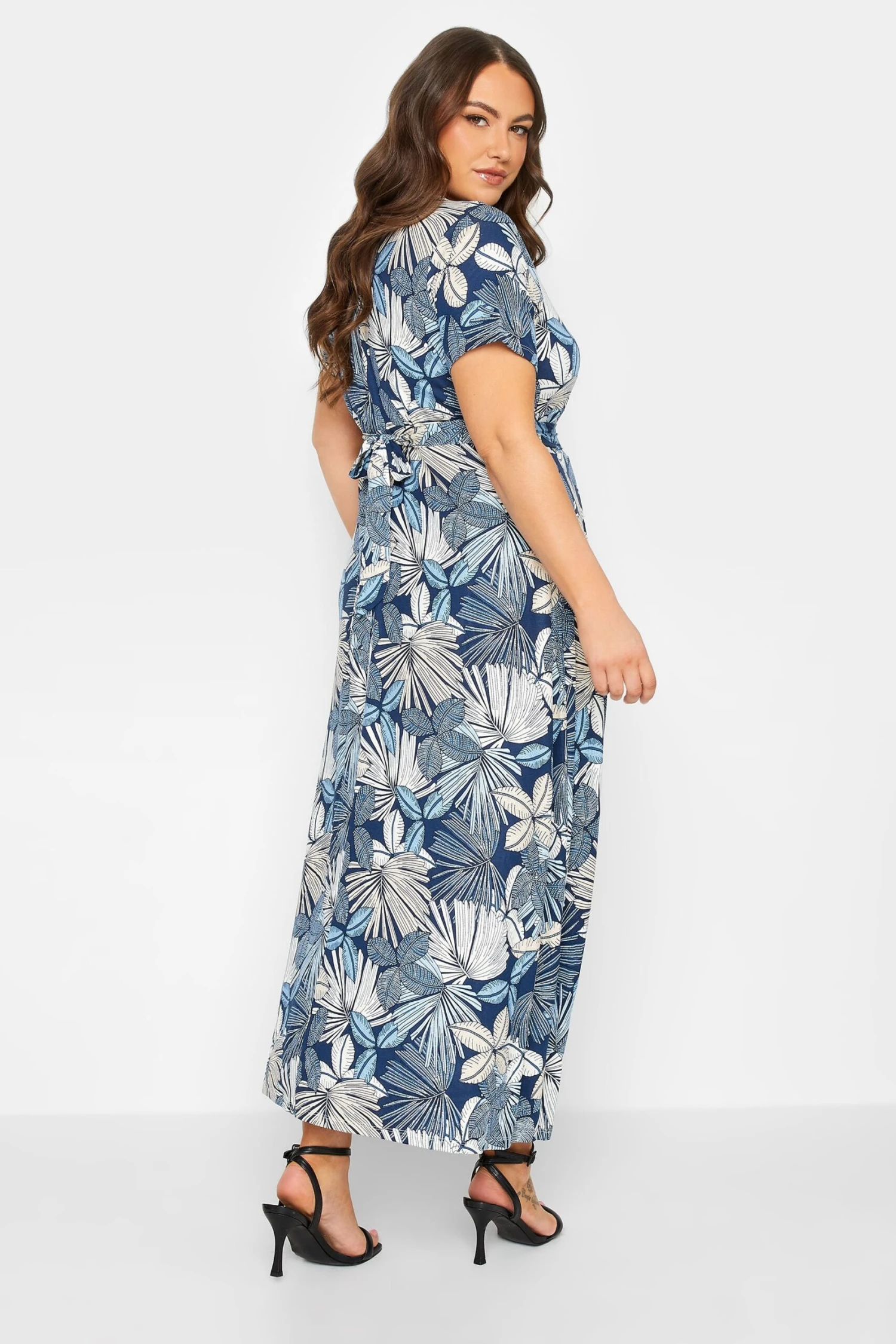 YOURS Curve Blue Leaf Print Wrap Dress 4 YOURS Curve Blue Leaf Print Wrap Dress - Image 2
