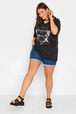 YOURS Curve Black 'Untamed Wild & Free' Slogan Acid Wash T-Shirt