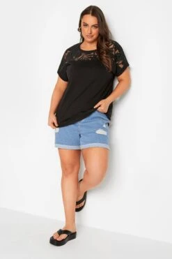 YOURS Curve Black Floral Mesh Panel T-Shirt