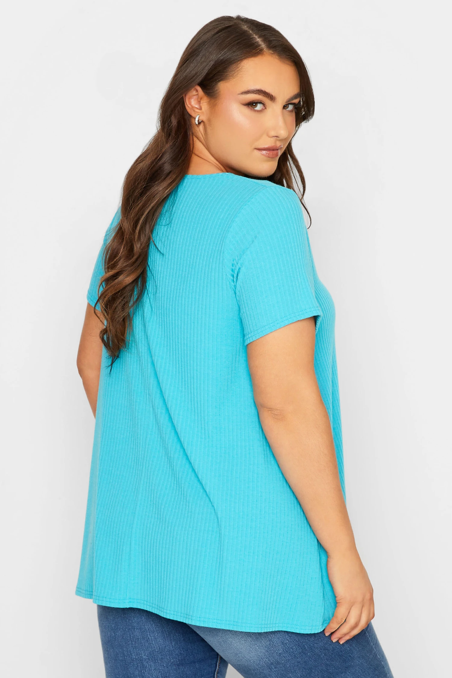 YOURS Curve Aqua Blue Ribbed T-Shirt 4 YOURS Curve Aqua Blue Ribbed T-Shirt - Image 2